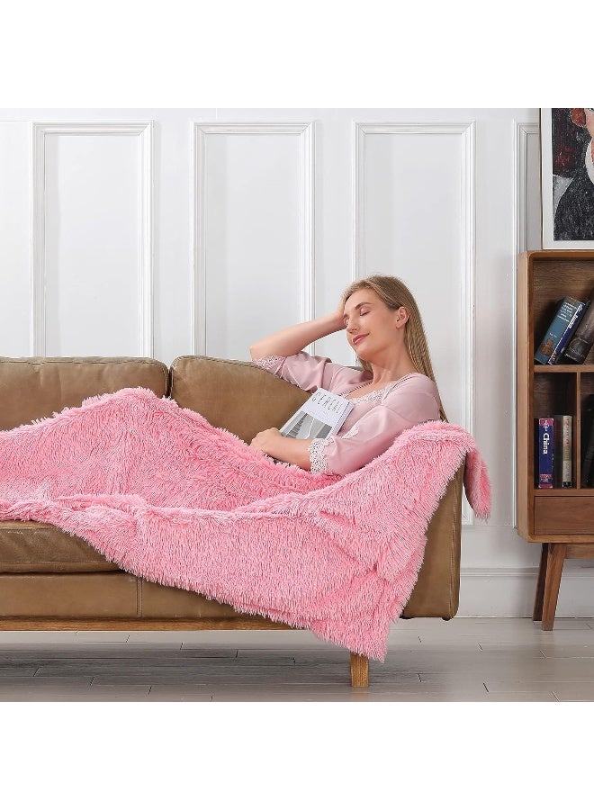 Tuddrom Decorative Extra Soft Faux Fur Throw Blanket 50"x60",Solid Reversible Fuzzy Double Layers Long Hair Shaggy Blanket,Fluffy Cozy Plush Fleece Comfy Microfiber Blanket for Couch Sofa Bed,Pink - Image 3