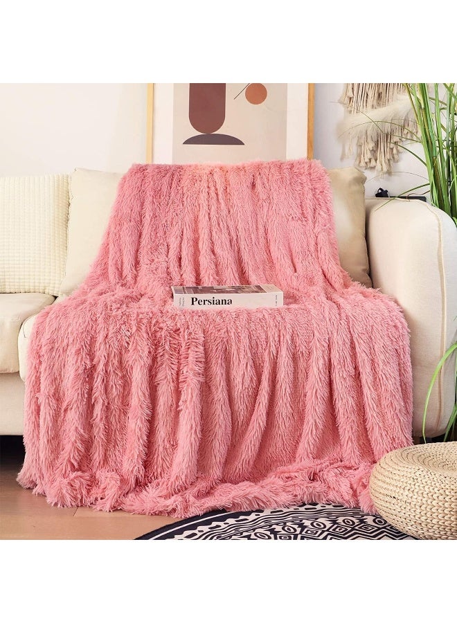 Tuddrom Decorative Extra Soft Faux Fur Throw Blanket 50"x60",Solid Reversible Fuzzy Double Layers Long Hair Shaggy Blanket,Fluffy Cozy Plush Fleece Comfy Microfiber Blanket for Couch Sofa Bed,Pink - Image 2