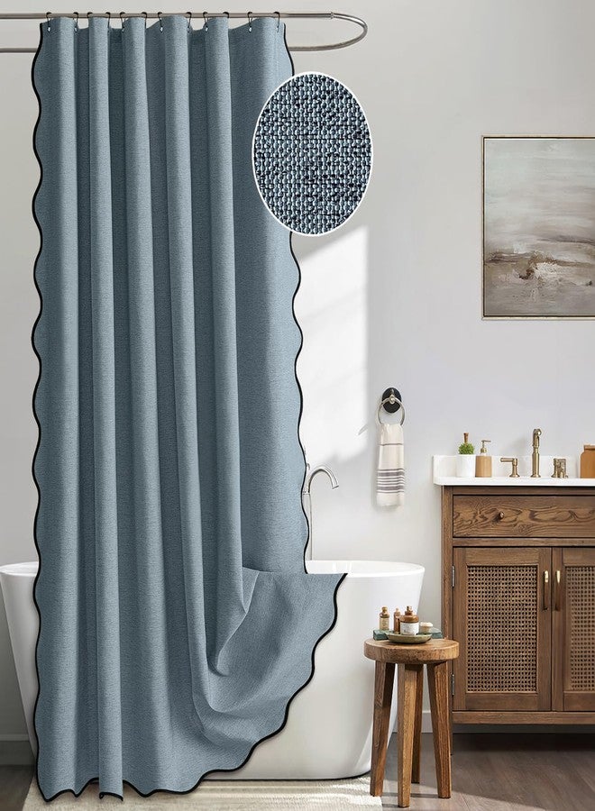 MIULEE Dusty Blue Scalloped Shower Curtain Linen Textured with 12 Metal Hooks Cute Heavy Duty Washable Waterproof Thick Cloth Shower Curtains with Black Border for Bathroom Hotel Bathtub,W72*L72 - Image 1