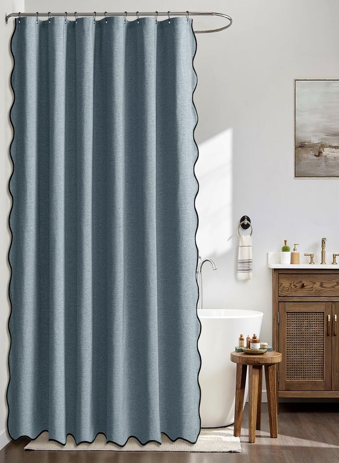 MIULEE Dusty Blue Scalloped Shower Curtain Linen Textured with 12 Metal Hooks Cute Heavy Duty Washable Waterproof Thick Cloth Shower Curtains with Black Border for Bathroom Hotel Bathtub,W72*L72 - Image 2