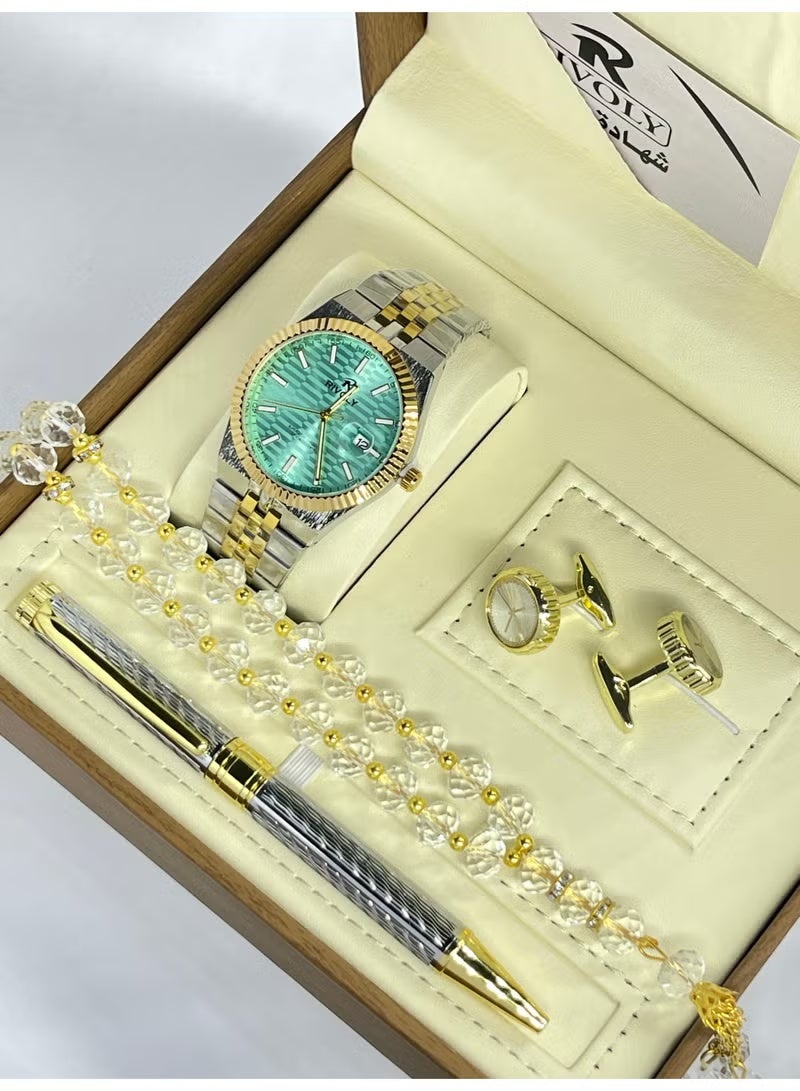 Men's stainless steel set consisting of a watch, a rosary, a pen and cufflinks