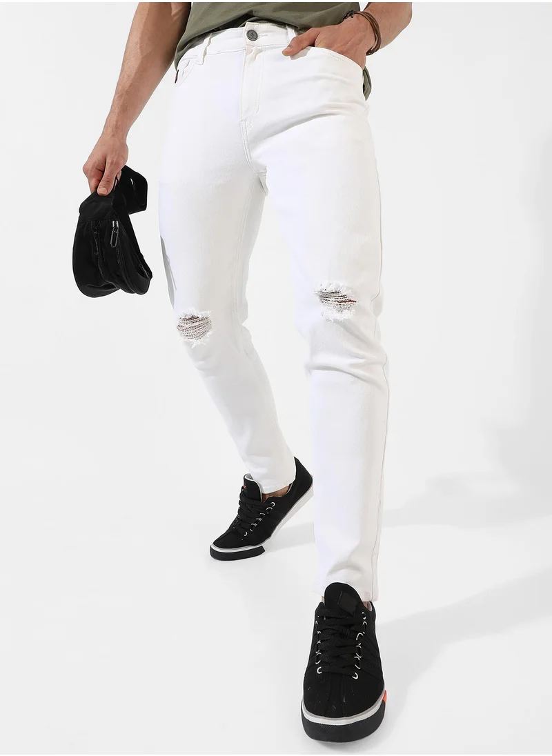 Campus Sutra Men's Classic Solid White Regular Fit Denim Jeans