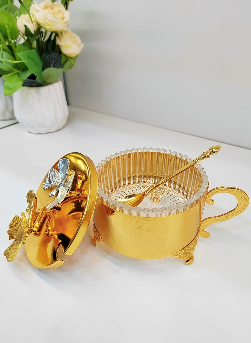 Sugar Bowl with Lid and Spoon Metal Sugar Bowl with Spoon, Sugar Container for Coffee Bar, Sugar Jar Sugar Dispenser Bowl, Golden Kitchen Decor and Accessories  - Image 1