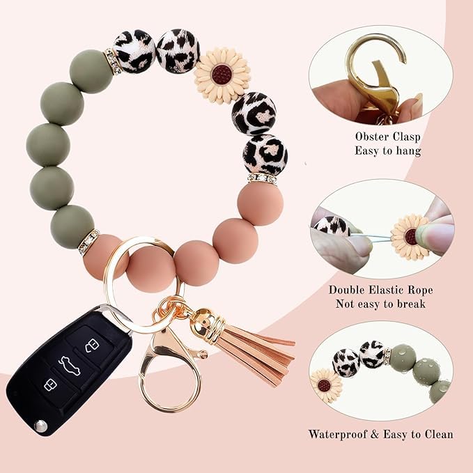 Qubusm 2PCS Bracelet Key Ring Set, Cute Car Key chain Wristlet, Silicone Beaded Bangle keyChains for Women Girls (Classic,Mocha) - Image 2