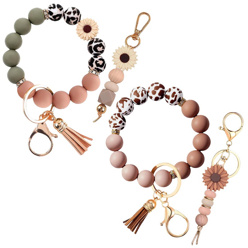 Qubusm 2PCS Bracelet Key Ring Set, Cute Car Key chain Wristlet, Silicone Beaded Bangle keyChains for Women Girls (Classic,Mocha) - Image 1