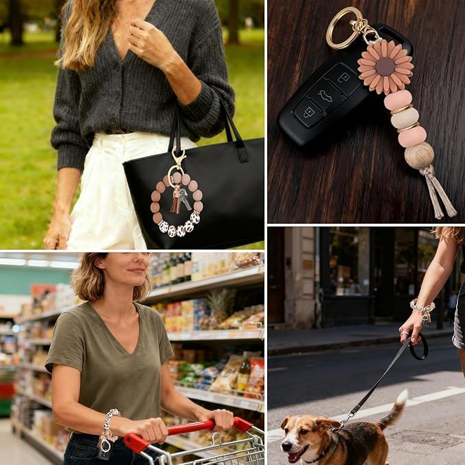 Qubusm 2PCS Bracelet Key Ring Set, Cute Car Key chain Wristlet, Silicone Beaded Bangle keyChains for Women Girls (Classic,Mocha) - Image 4