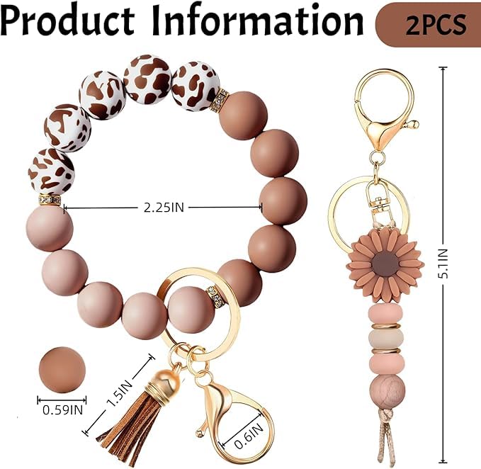 Qubusm 2PCS Bracelet Key Ring Set, Cute Car Key chain Wristlet, Silicone Beaded Bangle keyChains for Women Girls (Classic,Mocha) - Image 5