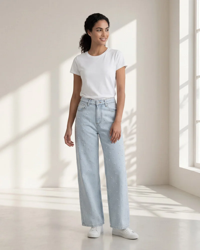 Redtag Women Blue Pearl Embellished Straight Jeans