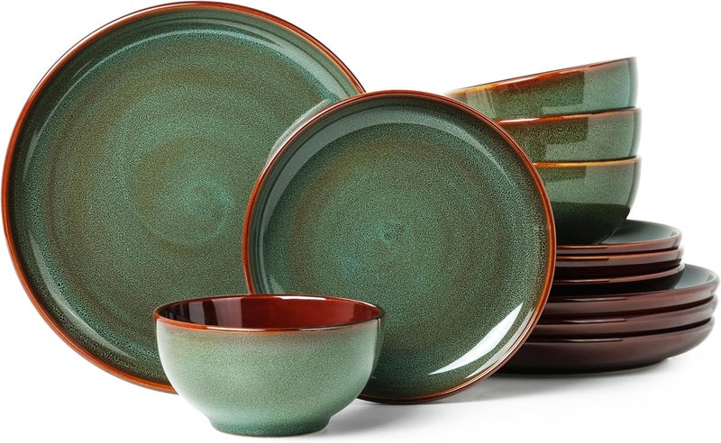 Pokini Stoneware Dinnerware Sets, Ceramic Plates and Bowls Set, Microwave & Dishwasher Safe Kitchen Dishes, Modern Dinner Salad Plates | Cereal Bowls, Dishware Sets Service for 4 Sage Green - Image 1