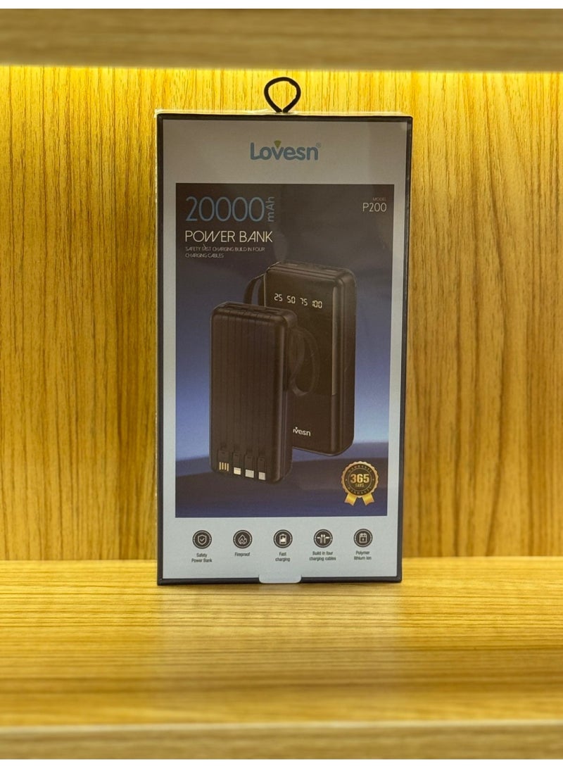 بنك طاقة Lovesn P200 بسعة 20000 مللي أمبير مع 4 كابلات شحن مدمجة، شحن سريع، شاشة LED رقمية، بطارية محمولة - Image 2