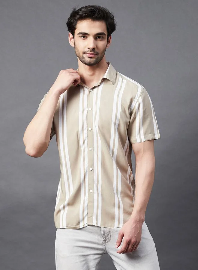 Take Two Men Beige Striped Rayon Shirt
