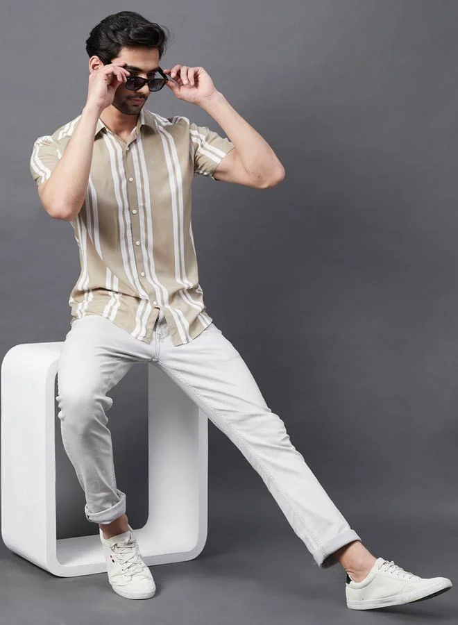 Take Two Men Beige Striped Rayon Shirt