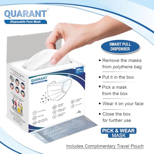 QUARANT Meltblown - SMMS Fabric 3 Ply Disposable Face Mask with Nose Clip and Reusable Travel Pouch (White, Pack of 100) for Unisex - Image 5