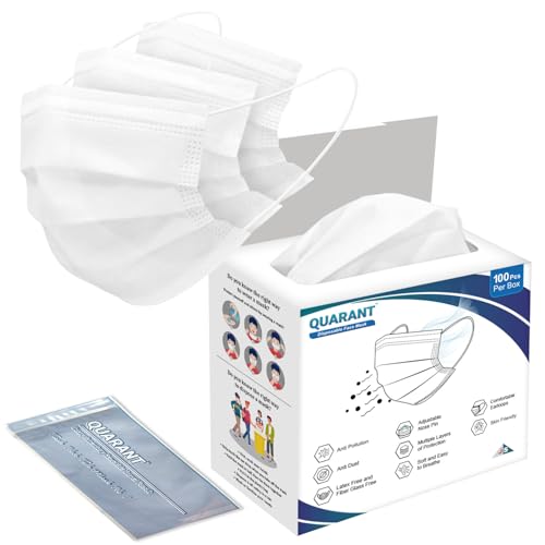 QUARANT Meltblown - SMMS Fabric 3 Ply Disposable Face Mask with Nose Clip and Reusable Travel Pouch (White, Pack of 100) for Unisex - Image 1