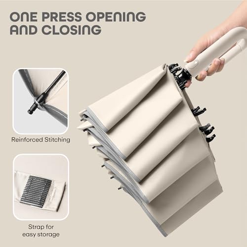 PRIME PICK Travel Guard Umbrella Compact Folding Umbrella Reflective Strip Carabiner Handle Windproof UV Protection Lightweight Anti Slip Grip for Men Women Kids Beige - Image 4