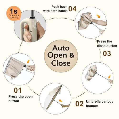 PRIME PICK Travel Guard Umbrella Compact Folding Umbrella Reflective Strip Carabiner Handle Windproof UV Protection Lightweight Anti Slip Grip for Men Women Kids Beige - Image 3