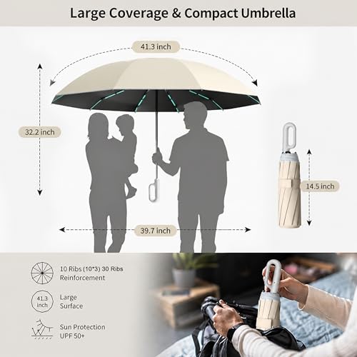PRIME PICK Travel Guard Umbrella Compact Folding Umbrella Reflective Strip Carabiner Handle Windproof UV Protection Lightweight Anti Slip Grip for Men Women Kids Beige - Image 2