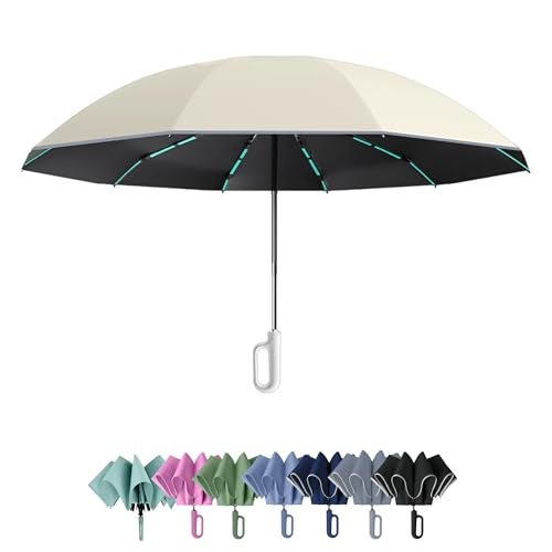 PRIME PICK Travel Guard Umbrella Compact Folding Umbrella Reflective Strip Carabiner Handle Windproof UV Protection Lightweight Anti Slip Grip for Men Women Kids Beige - Image 1