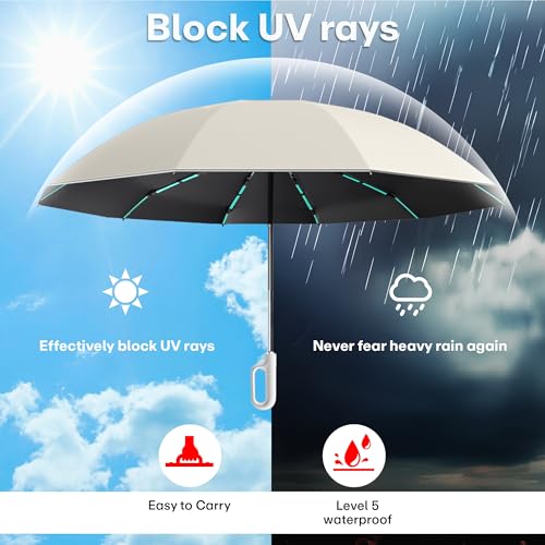 PRIME PICK Travel Guard Umbrella Compact Folding Umbrella Reflective Strip Carabiner Handle Windproof UV Protection Lightweight Anti Slip Grip for Men Women Kids Beige - Image 5