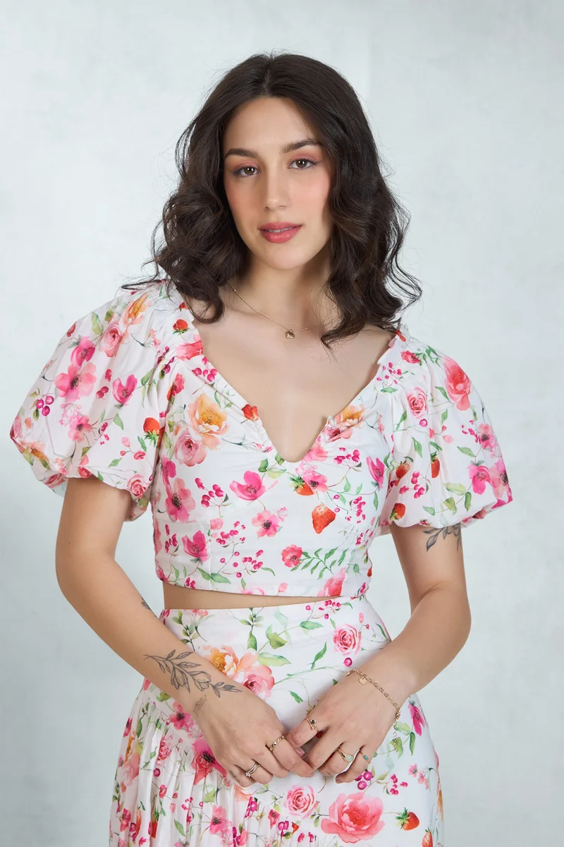 Virgio Floral Cotton Puff Sleeve Floral Crop Top for Women