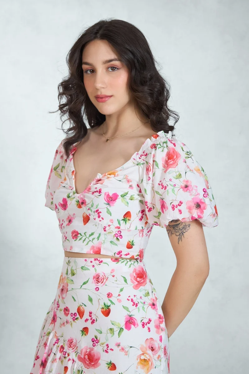 Virgio Floral Cotton Puff Sleeve Floral Crop Top for Women