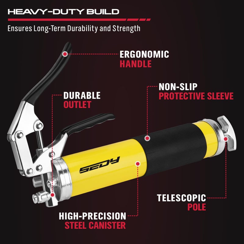 SEDY 17-Piece Heavy Duty Grease Gun Kit: 14oz Grease Tube Flexible Hose Bearing Grease Pump 8000 PSI Pistol Grip Grease Guns Tool Marine Durable Connectors Adapters Extension Tubes Nozzle Easy Operation - Image 5
