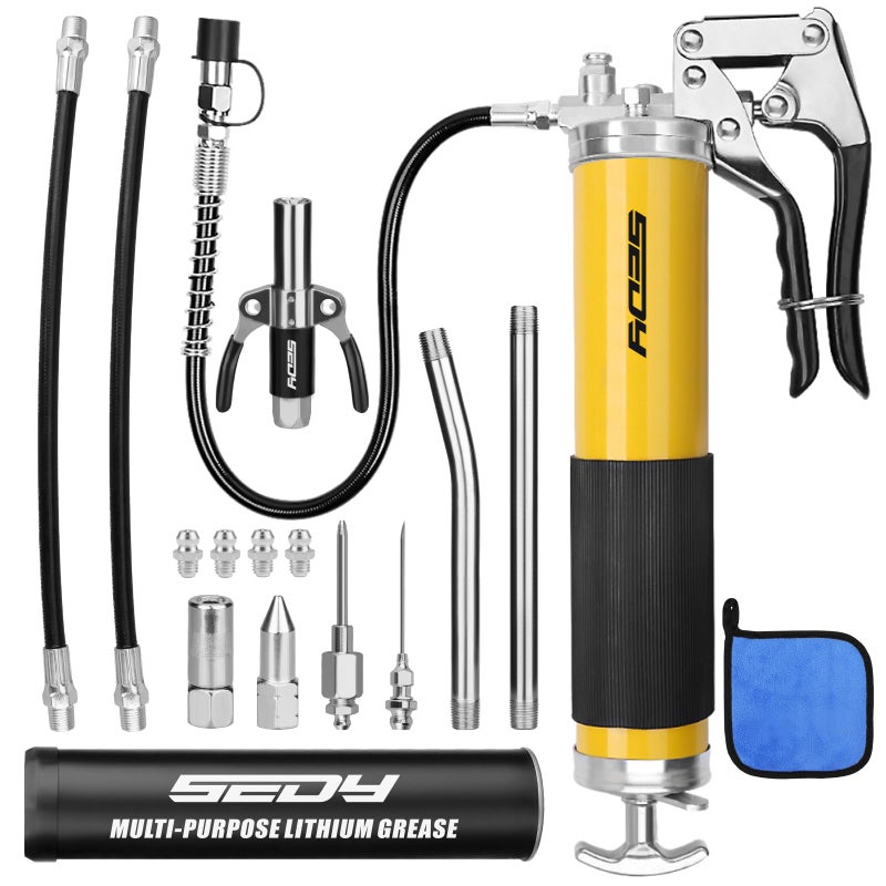 SEDY 17-Piece Heavy Duty Grease Gun Kit: 14oz Grease Tube Flexible Hose Bearing Grease Pump 8000 PSI Pistol Grip Grease Guns Tool Marine Durable Connectors Adapters Extension Tubes Nozzle Easy Operation - Image 1