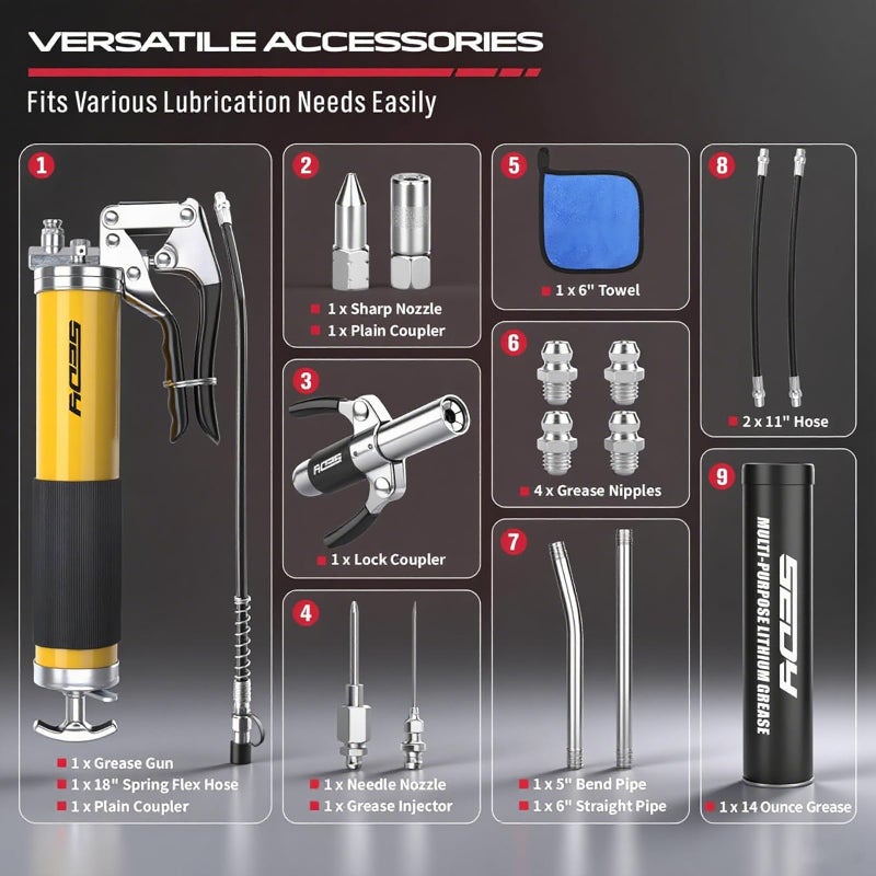 SEDY 17-Piece Heavy Duty Grease Gun Kit: 14oz Grease Tube Flexible Hose Bearing Grease Pump 8000 PSI Pistol Grip Grease Guns Tool Marine Durable Connectors Adapters Extension Tubes Nozzle Easy Operation - Image 2