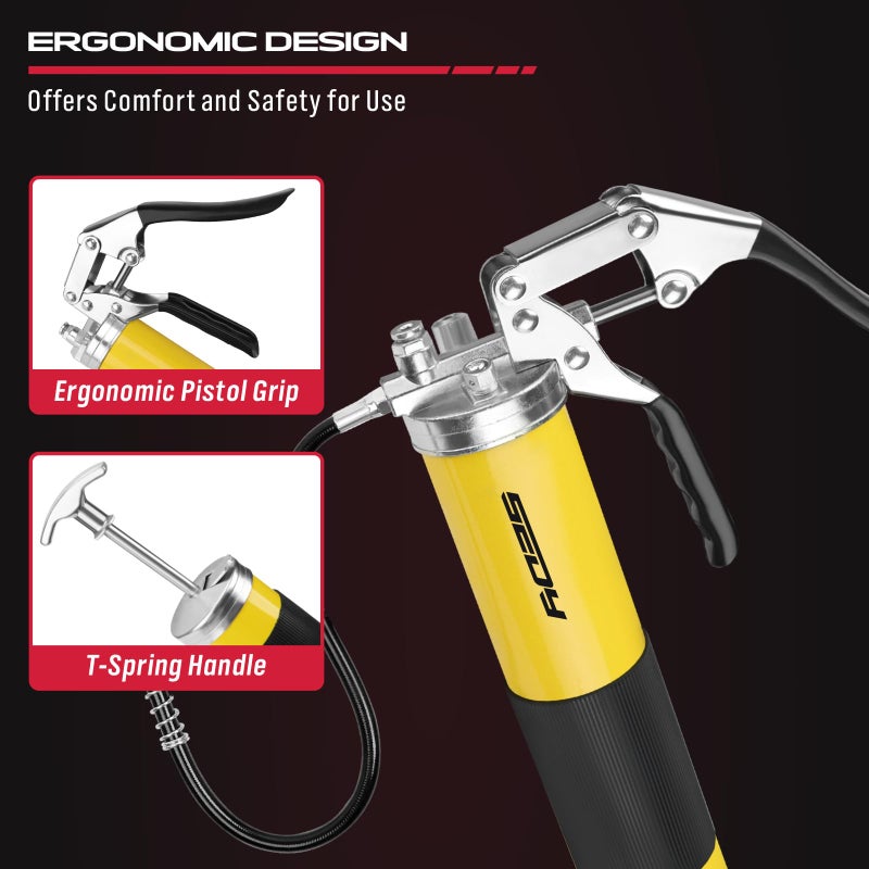SEDY 17-Piece Heavy Duty Grease Gun Kit: 14oz Grease Tube Flexible Hose Bearing Grease Pump 8000 PSI Pistol Grip Grease Guns Tool Marine Durable Connectors Adapters Extension Tubes Nozzle Easy Operation - Image 3