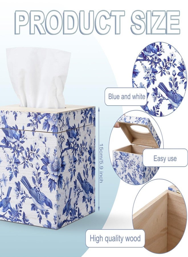 GlikCeil Blue and White Tissue Box Cover Wooden Floral Bird Vintage Square Tissue Box Holder for Bedroom Bathroom Office Desk Countertop Modern Farmhouse Decor, 6 x 6 x 6 Inch - Image 3