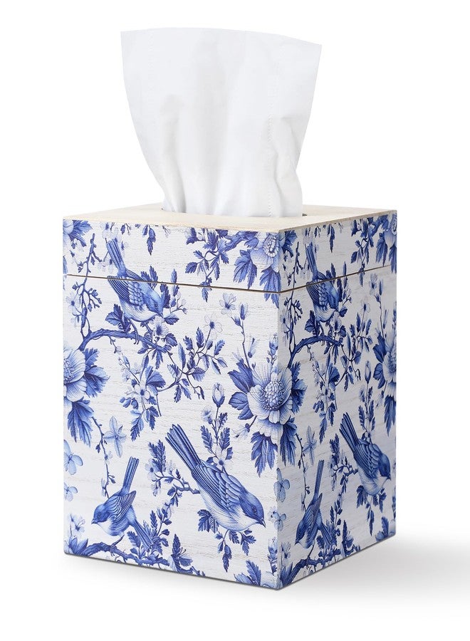 GlikCeil Blue and White Tissue Box Cover Wooden Floral Bird Vintage Square Tissue Box Holder for Bedroom Bathroom Office Desk Countertop Modern Farmhouse Decor, 6 x 6 x 6 Inch - Image 1