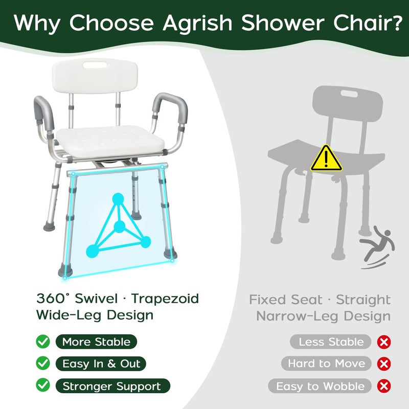 Agrish Swivel Shower Chair with Arms and Back, 450lbs Heavy Duty Shower Chair for Elderly and Disabled, Handicap Shower Chairs for Inside Shower Stool & Bath Tub Seat for Adults - Image 5