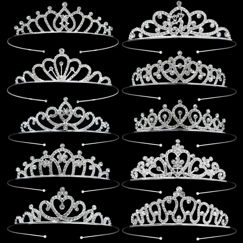 eggigi 10 Pcs Silver Crystal Princess Tiaras - Bulk Rhinestone Crowns for Xmas, Halloween, Birthday, Prom, Wedding, Girlsâ€™ Night - Elegant Headpieces for Women & Girls - Image 1