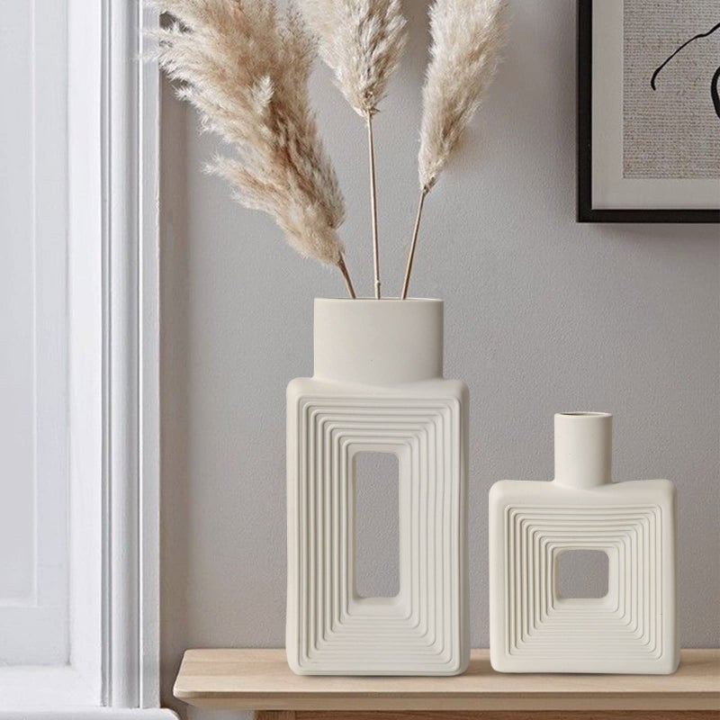LZV White Ceramic Vase Set of 2Square Vase Rustic Home Decor Minimalist Nordic Boho Style for Living Room Shelf Table Bookshelf Mantel and Entryway Decor Vases 