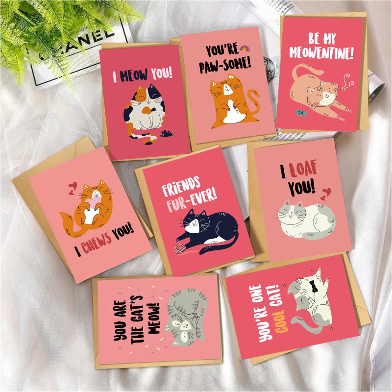 Obbyidk 24 Romantic Cat Valentine's Day Card Set, Funny Kitten Pun Note Cards Pack with Envelopes, Cute Kitty Valentines Card Bulk for Cat Lover, 4 x 6 In(8 Designs, 3 Each) - Image 2