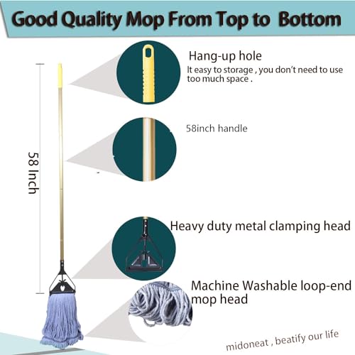 Midoneat Commercial Industrial Heavy Duty Mop with Long Handle,58" Looped-End String Wet Cotton Mops for Floor Cleaning, 2packs - Image 2