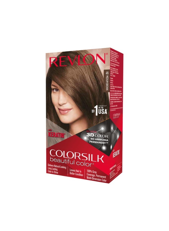 ريفلون صبغة الشعر الدائمة Revlon ColorSilk Beautiful للنساء، تمنحكِ لوناً مثالياً بجودة صالونات التجميل في المنزل مع تغطية كاملة للشعر الأبيض بنسبة 100% | غنية بمركب "برو-كيراتين" (Pro-Keratin) وخالية من الأمونيا | لون يدوم حتى 8 أسابيع | الدرجة: بني متوسط ​​4N (عبوة واحدة) - Image 1