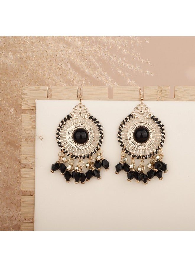 YERTTER Vintage Gold Circle Dangle Earrings Black Rice Beads Tassel Dangle Hollow Mexican Style Hoop Earring Bohemian Hook Earrings Ethnic Style Accessories Party For Women Girls（Black）  - Image 4