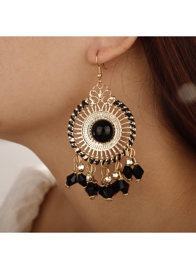 YERTTER Vintage Gold Circle Dangle Earrings Black Rice Beads Tassel Dangle Hollow Mexican Style Hoop Earring Bohemian Hook Earrings Ethnic Style Accessories Party For Women Girls（Black）  - Image 1