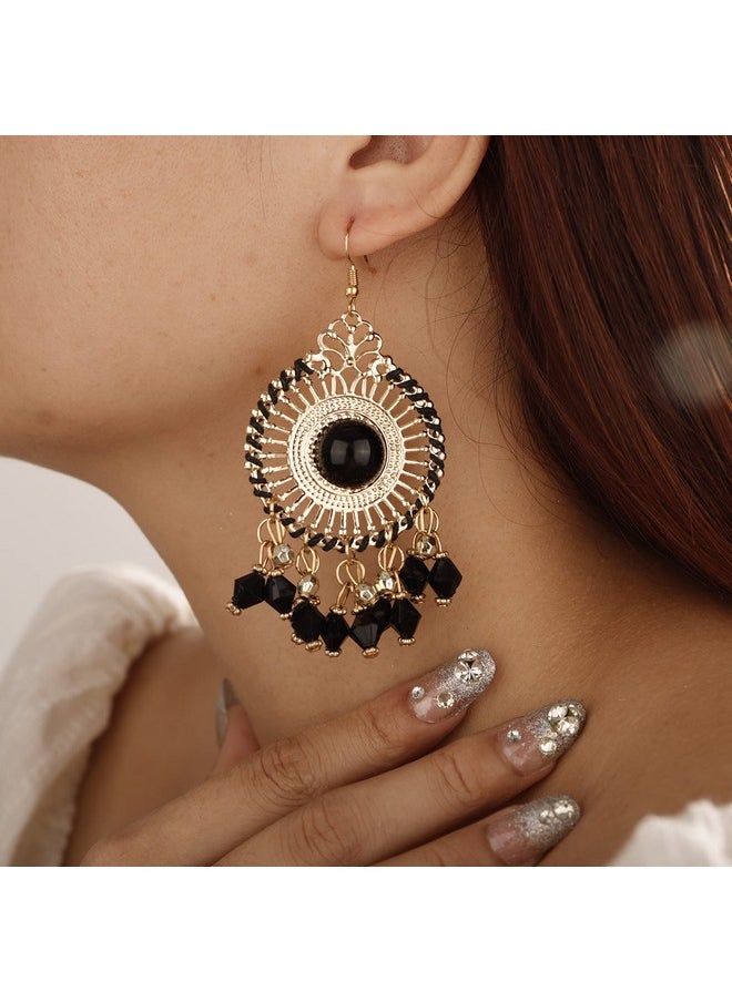 YERTTER Vintage Gold Circle Dangle Earrings Black Rice Beads Tassel Dangle Hollow Mexican Style Hoop Earring Bohemian Hook Earrings Ethnic Style Accessories Party For Women Girls（Black）  - Image 2