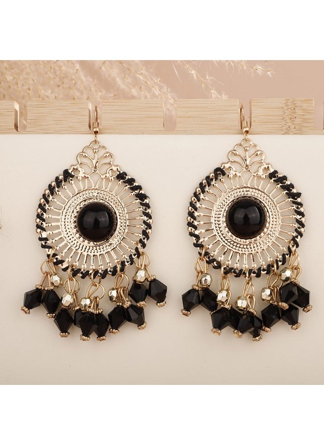 YERTTER Vintage Gold Circle Dangle Earrings Black Rice Beads Tassel Dangle Hollow Mexican Style Hoop Earring Bohemian Hook Earrings Ethnic Style Accessories Party For Women Girls（Black）  - Image 5