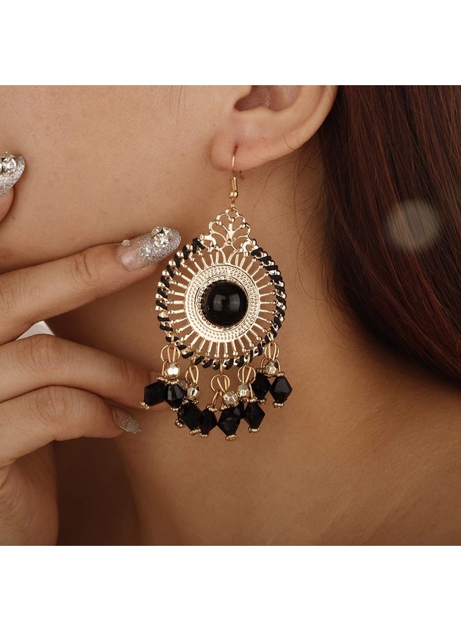 YERTTER Vintage Gold Circle Dangle Earrings Black Rice Beads Tassel Dangle Hollow Mexican Style Hoop Earring Bohemian Hook Earrings Ethnic Style Accessories Party For Women Girls（Black）  - Image 3