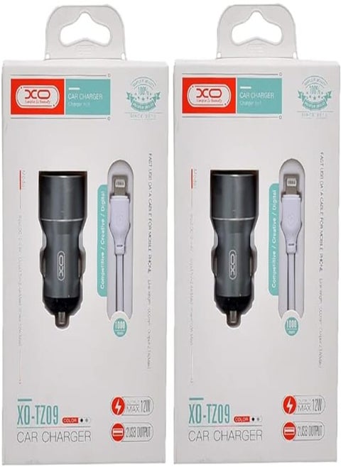 Xo tz09 car charger suit and lightning cable with 2.1a max 12w output and 2 usb output 1000mm set of 2 pieces - grey