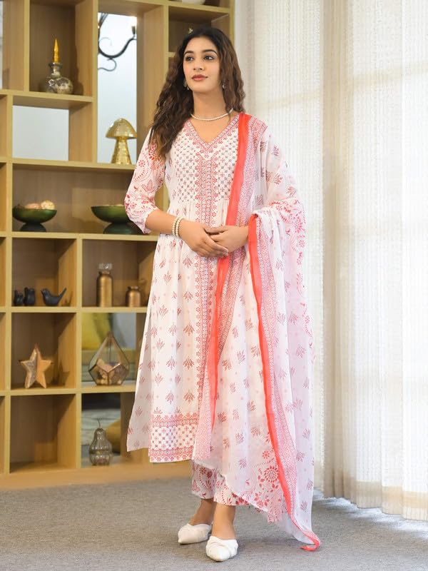 SHIFORY Red V-Neck Flared Hand Embroidery & Print Kurti Pant & Dupatta Set, Pure Cotton, 3/4 Sleeve, Machine Washable for Festive & Casual Occasions - Image 5