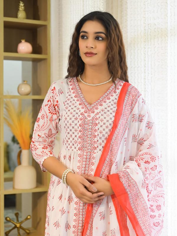 SHIFORY Red V-Neck Flared Hand Embroidery & Print Kurti Pant & Dupatta Set, Pure Cotton, 3/4 Sleeve, Machine Washable for Festive & Casual Occasions - Image 3