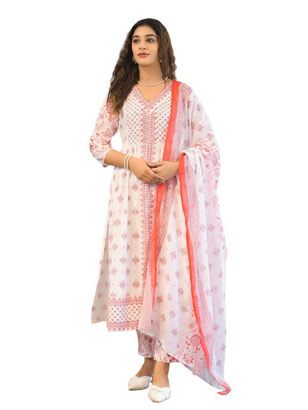 SHIFORY Red V-Neck Flared Hand Embroidery & Print Kurti Pant & Dupatta Set, Pure Cotton, 3/4 Sleeve, Machine Washable for Festive & Casual Occasions - Image 1
