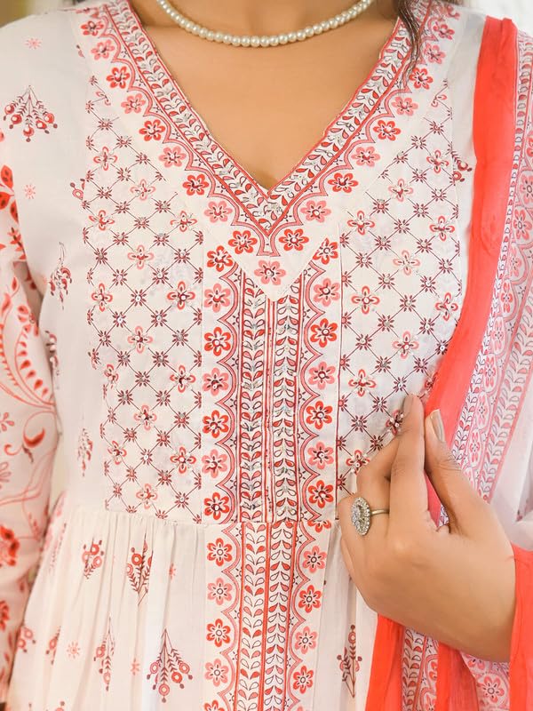 SHIFORY Red V-Neck Flared Hand Embroidery & Print Kurti Pant & Dupatta Set, Pure Cotton, 3/4 Sleeve, Machine Washable for Festive & Casual Occasions - Image 2