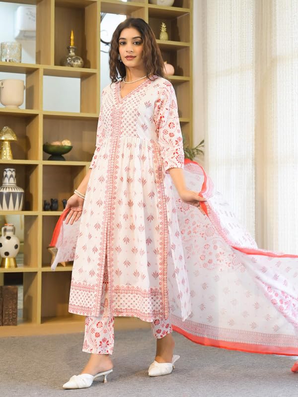 SHIFORY Red V-Neck Flared Hand Embroidery & Print Kurti Pant & Dupatta Set, Pure Cotton, 3/4 Sleeve, Machine Washable for Festive & Casual Occasions - Image 4