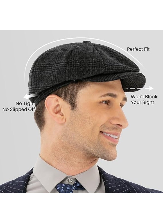 كاب رجالي كلاسيكي  بتصميم هيرينجبون صوفي رمادي - أنيق للشتاء والمناسبات اليومية، خامة صوف مُمزجة عالية الجودة، بطانة مبطّنة لراحة حرارية، حافة مُدعّمة ومقاس قابل للتعديل — هدية مثالية للرجل العصري والأنيق - Image 4