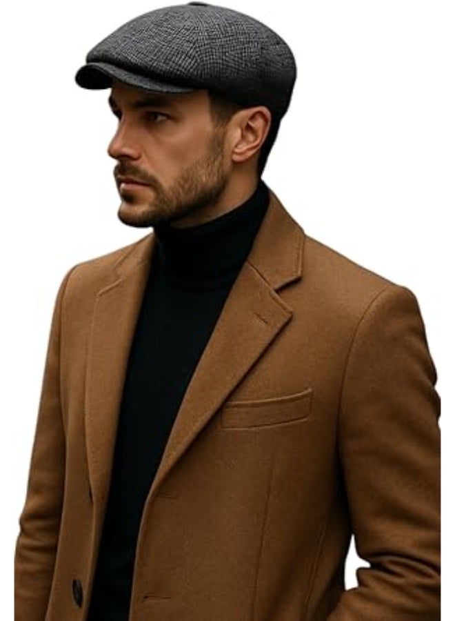 كاب رجالي كلاسيكي  بتصميم هيرينجبون صوفي رمادي - أنيق للشتاء والمناسبات اليومية، خامة صوف مُمزجة عالية الجودة، بطانة مبطّنة لراحة حرارية، حافة مُدعّمة ومقاس قابل للتعديل — هدية مثالية للرجل العصري والأنيق - Image 3